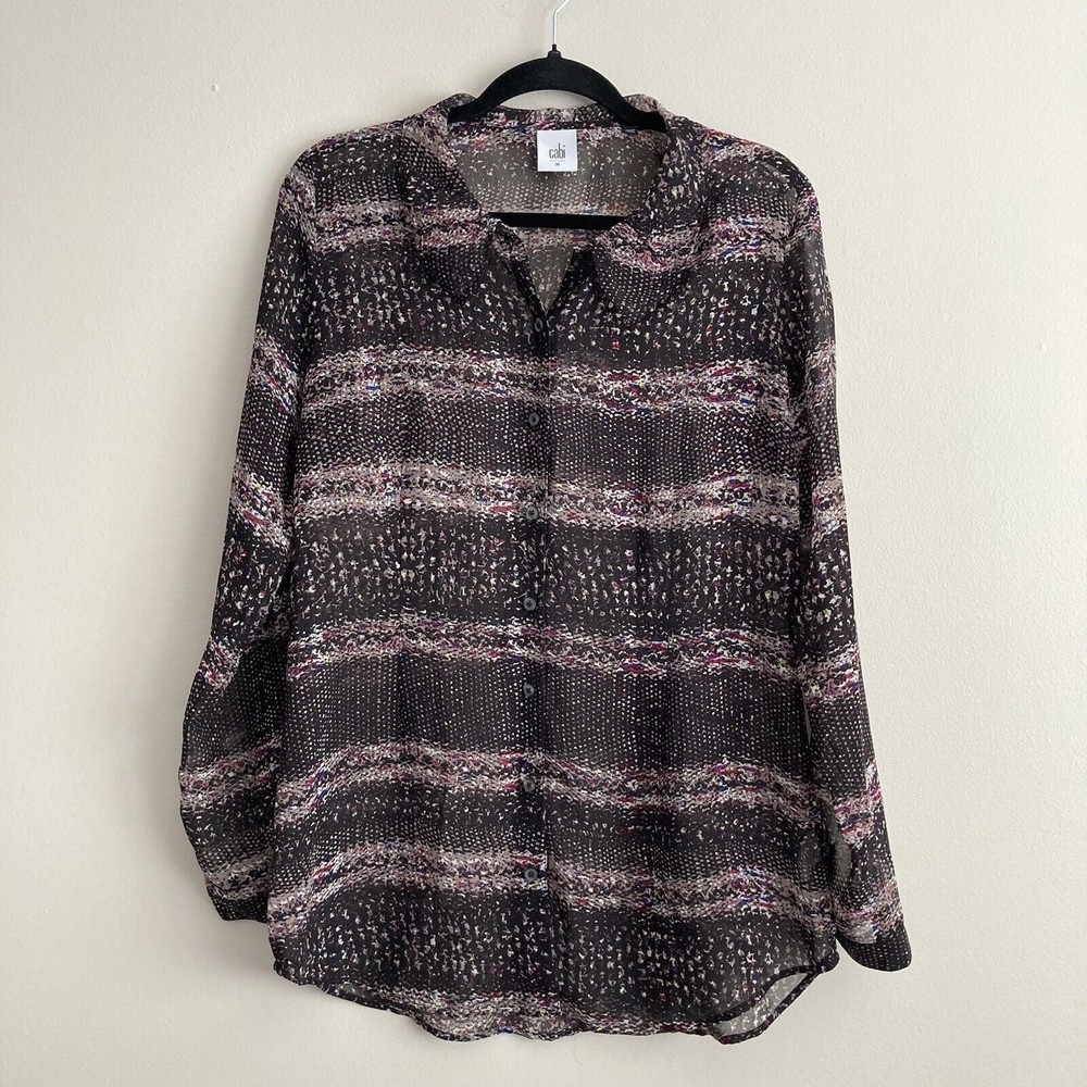 Cabi Womens Paris Confetti Print Blouse Size M Black Pink Long Sleeve Sheer Top